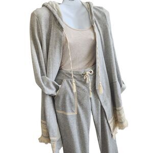 Democracy Gray Jogger Set-Light Fleece-Crochet Lace/Fringe-Hooded-BohoChic M-L